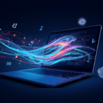Futuristic illustration of a laptop with colorful code and floating tech icons representing programming languages
