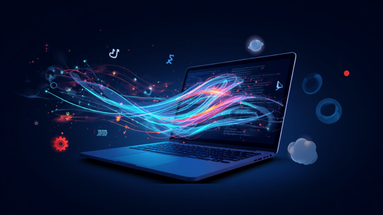 Futuristic illustration of a laptop with colorful code and floating tech icons representing programming languages