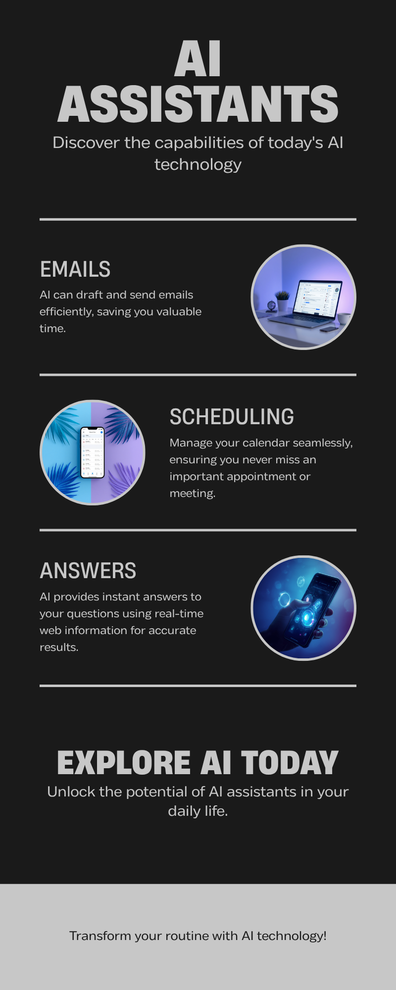 Infographic showing what AI assistants can do today including email, calendar, and smart home tasks