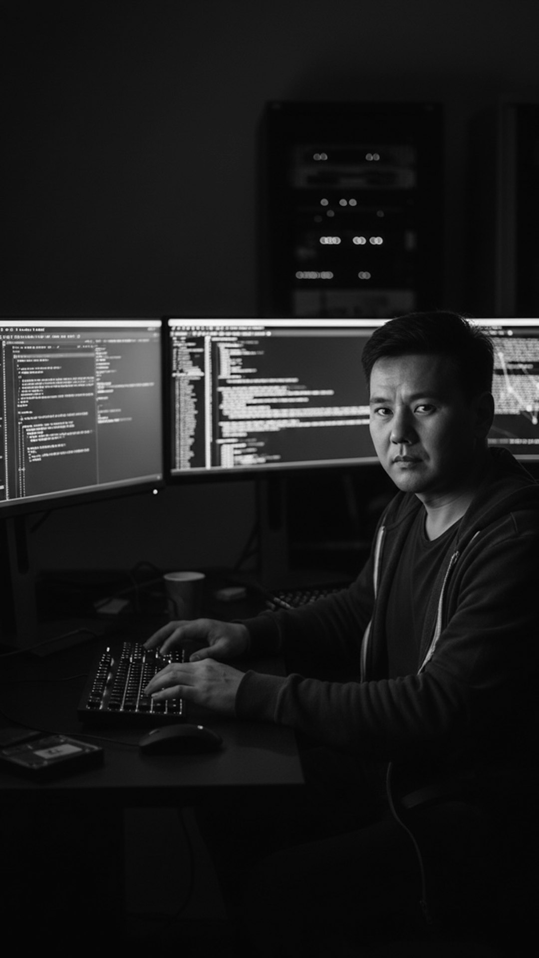 Man typing on keyboard in front of multiple computer monitors displaying code